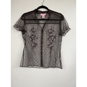Vtg Bandolino Sheer Mesh Button Up Brown Embroidered Floral Whimsygoth Top Sz 8‎